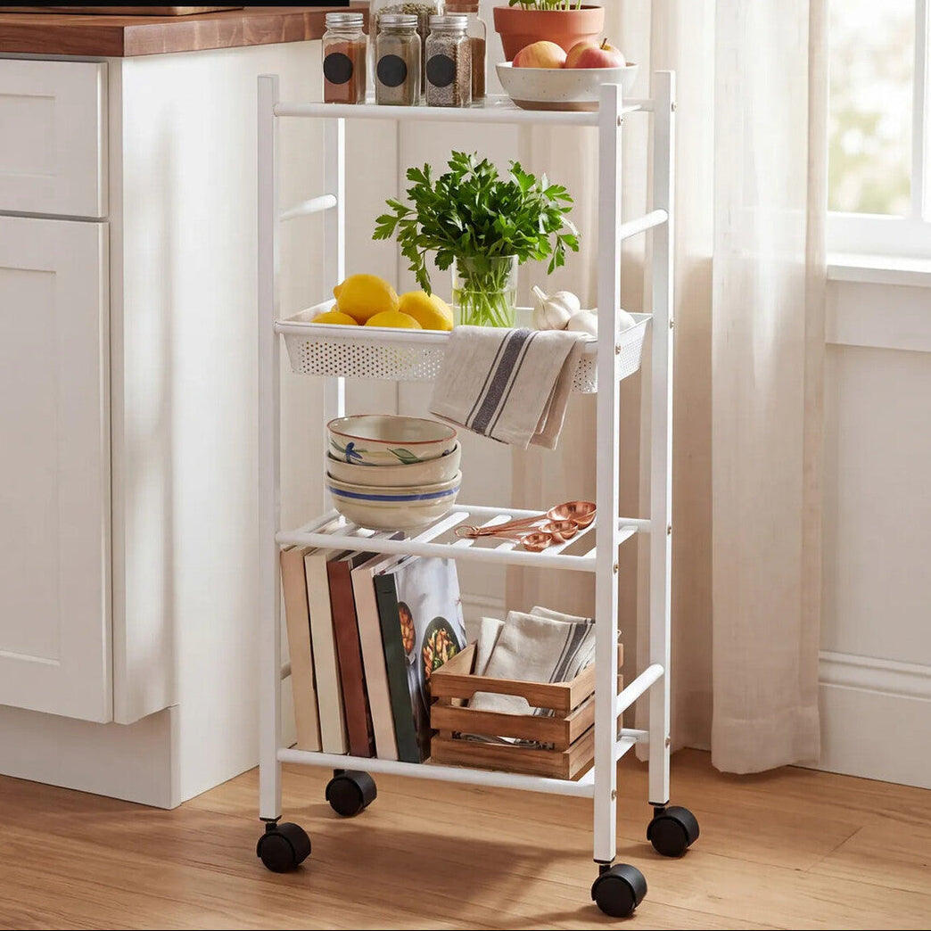 4 Tier White Trolley with Basket | Dara