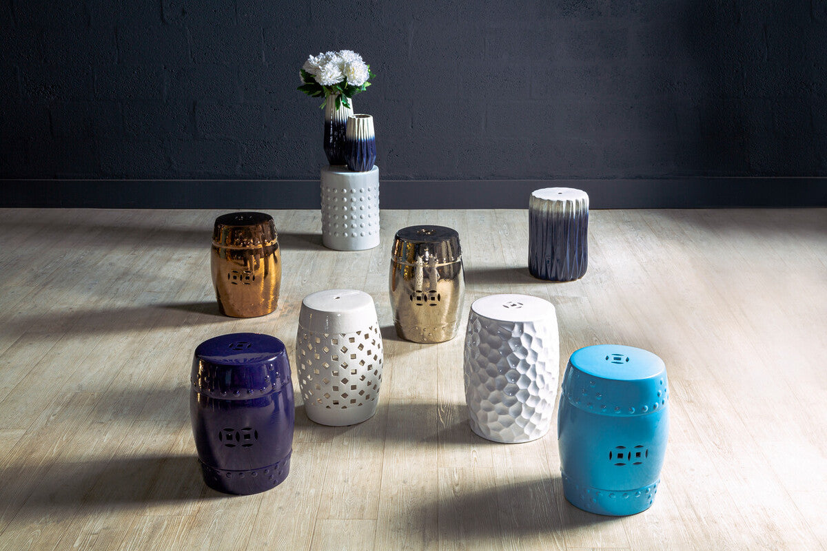 Ombre Blue and White Ceramic Side Table and Stool with Fluted Texture | Azul