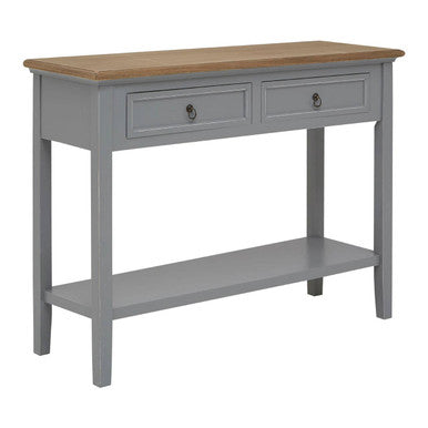 Natural Wooden Top and Grey Wooden Frame Console Table with 2 Drawers and Metal Ring Handles | Henley
