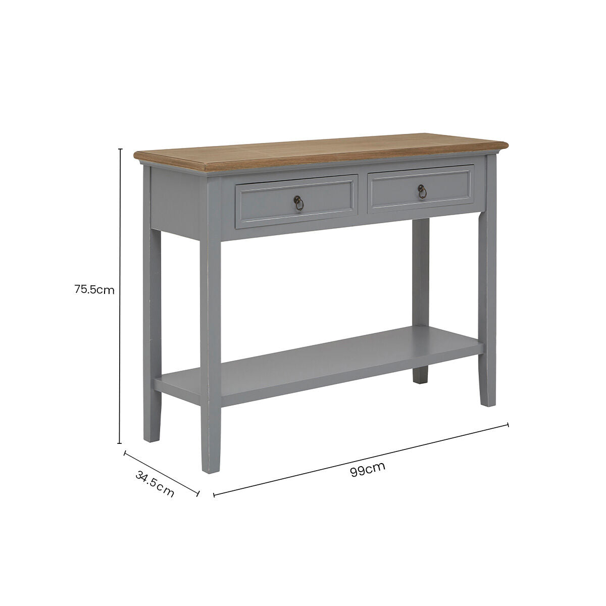 Natural Wooden Top and Grey Wooden Frame Console Table with 2 Drawers and Metal Ring Handles | Henley
