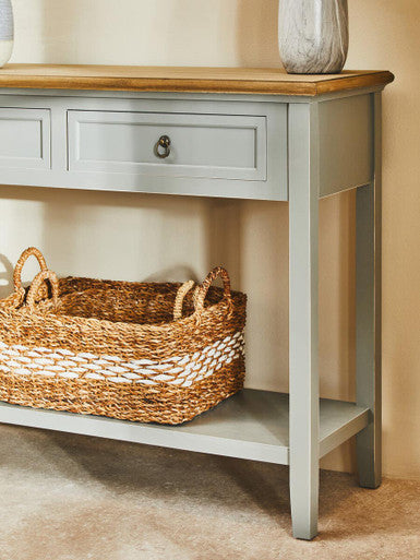 Natural Wooden Top and Grey Wooden Frame Console Table with 2 Drawers and Metal Ring Handles | Henley