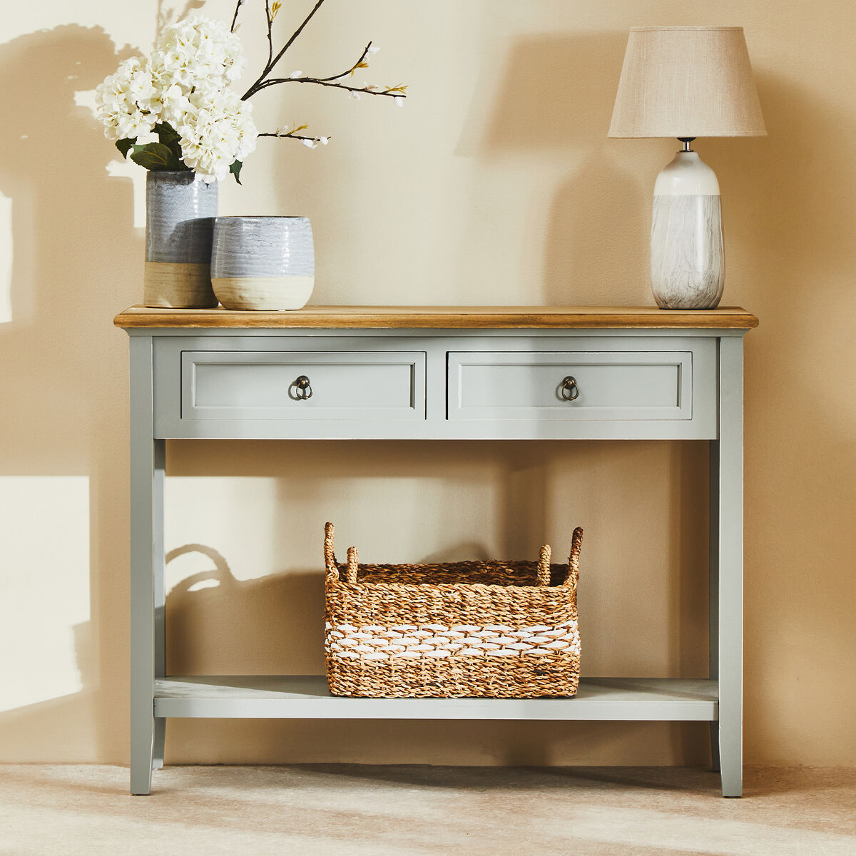 Natural Wooden Top and Grey Wooden Frame Console Table with 2 Drawers and Metal Ring Handles | Henley
