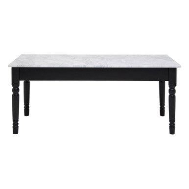 White and Grey Veining Marble Top Coffee Table with Black Carved Wooden Legs, Henley