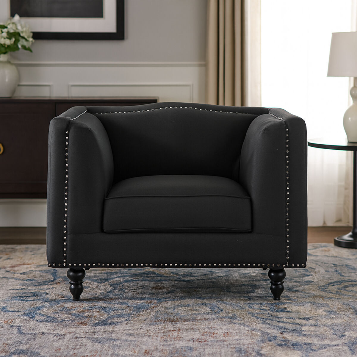 Black Fabric Chair with Stud Detail | Feya