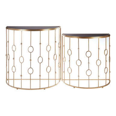 Set of 2 Art Deco Black Glass Tops Console Tables with Gold Slim Vertical Lines Frame, Faiza