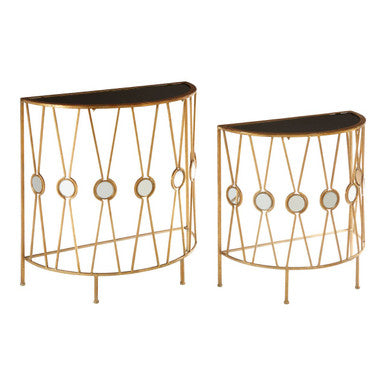 Set of 2 Black Glass Tops Console Tables with Gold Finish Cross Frame | Faiza