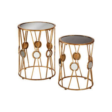 Set of 2 Black Glass Top and Gold Cross Design Rounded Side Tables with Mirror Detail | Faiza