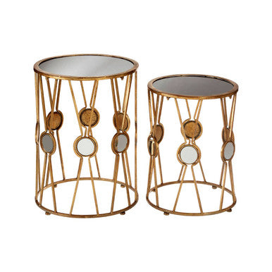 Set of 2 Black Glass Top and Gold Cross Design Rounded Side Tables with Mirror Detail | Faiza