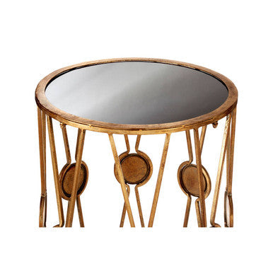 Set of 2 Black Glass Top and Gold Cross Design Rounded Side Tables with Mirror Detail | Faiza