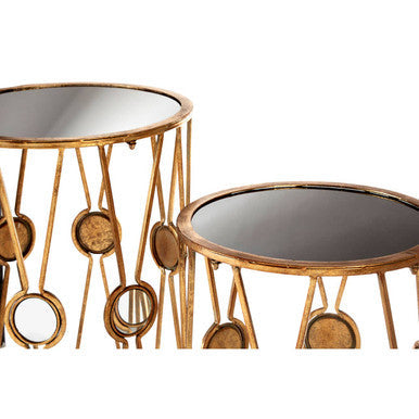 Set of 2 Black Glass Top and Gold Cross Design Rounded Side Tables with Mirror Detail | Faiza