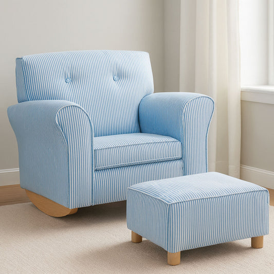 Kids Blue And White Stripe Rocking Chair With Footstool