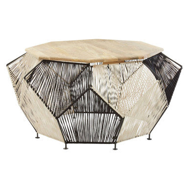 Natural Mango Wood Top Hexagon Coffee Table with Two Tone Black and Silver Geometric Woven Base, Fusion