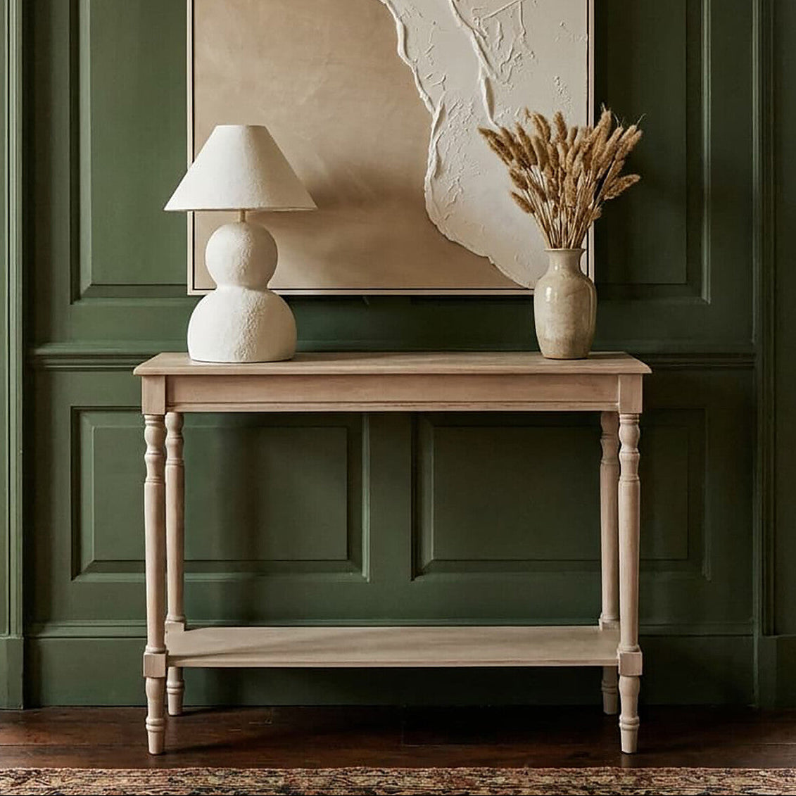 Grey Wooden Console Table with Spindle Legs and Bottom Shelf, Heritage