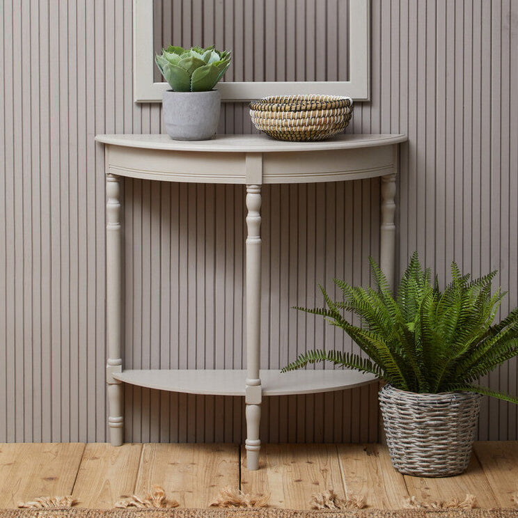Heritage Grey Putty Wooden Half Moon Console Table with Lower Shelf