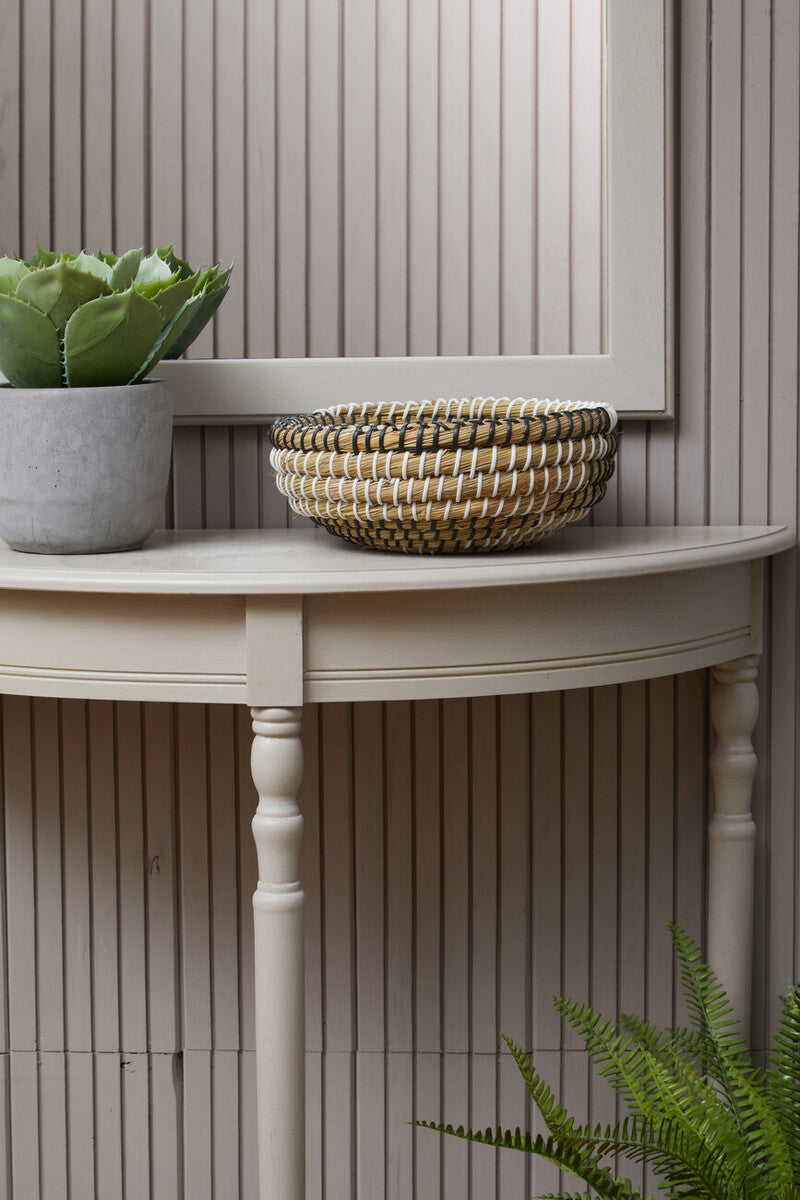 Heritage Grey Putty Wooden Half Moon Console Table with Lower Shelf