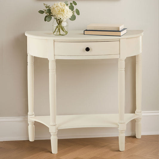 White Semi Circular Top Pine Wood One-Drawer Console Table with Lower Storage Shelf, Heritage