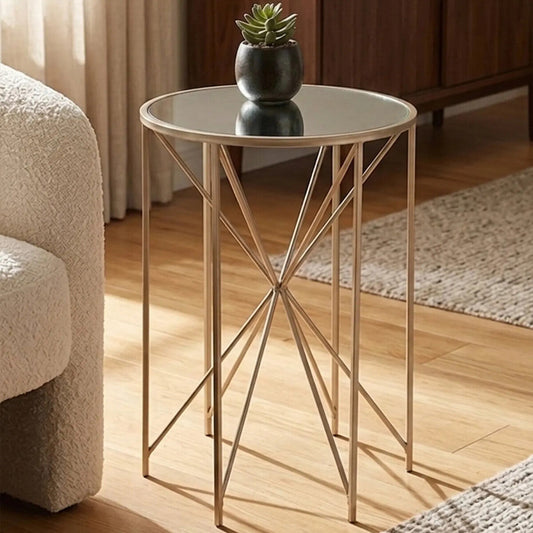 Round Mirrored Side Table with Champagne Geometric Base, Arcana