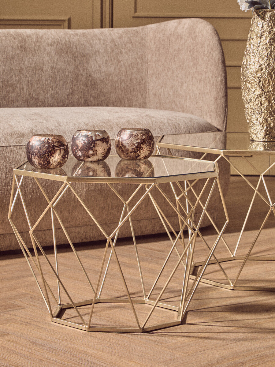 Set of 2 Gold Finish Geometric Design Side Tables with Tempered Glass Top | Arcana