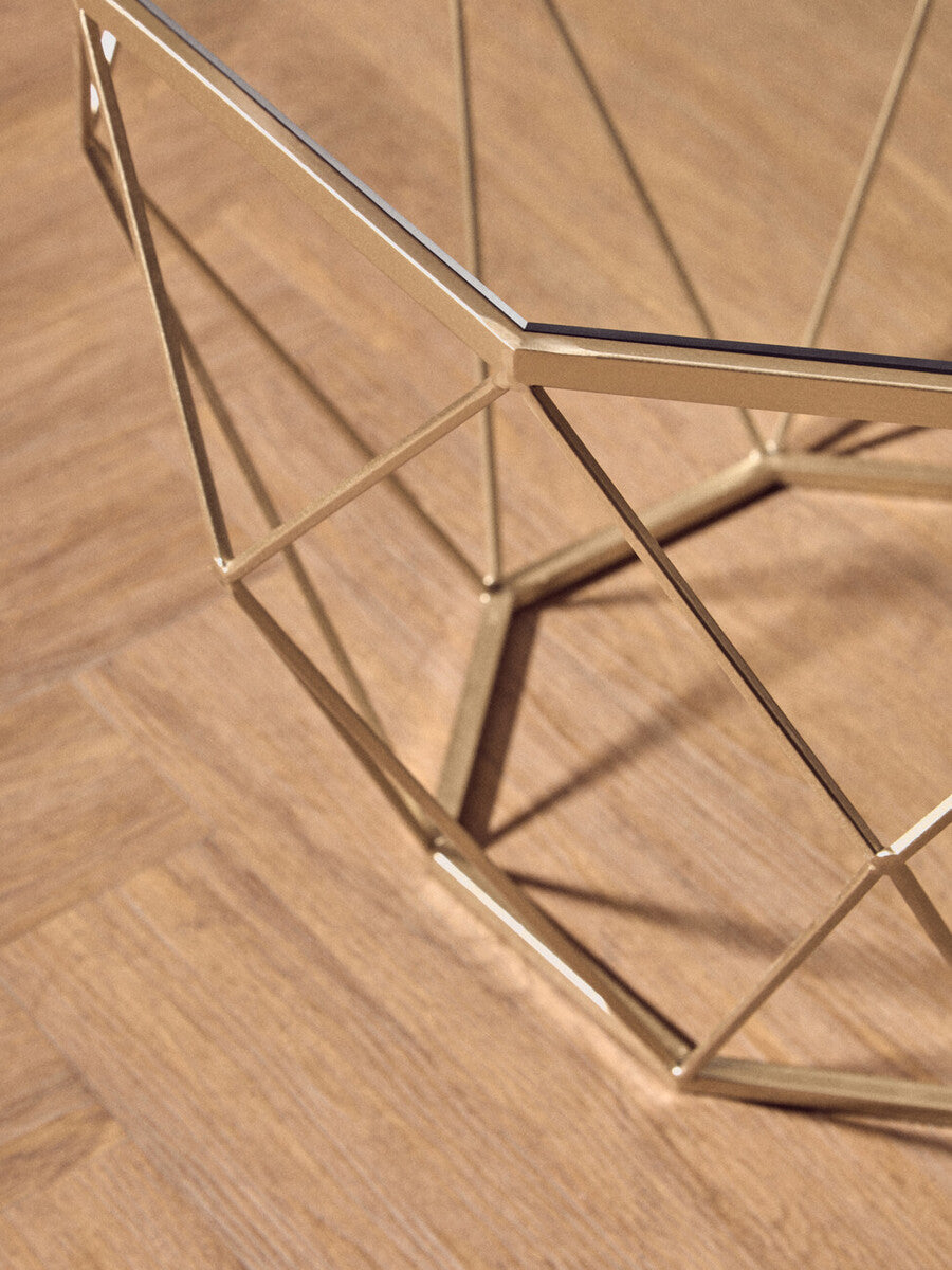 Set of 2 Gold Finish Geometric Design Side Tables with Tempered Glass Top | Arcana
