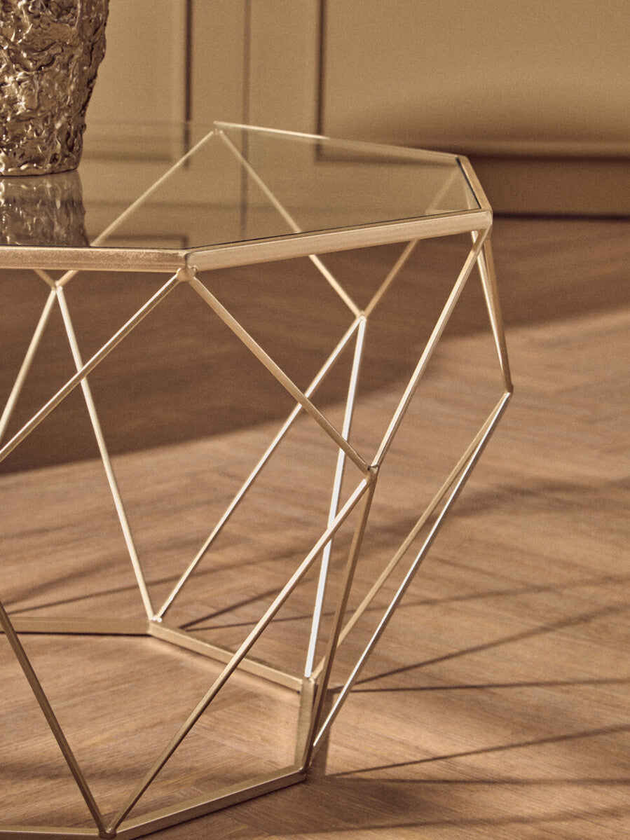 Set of 2 Gold Finish Geometric Design Side Tables with Tempered Glass Top | Arcana
