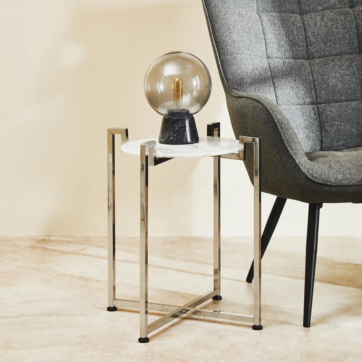 White Marble Top Side Table with Angular Chrome Metal Frame, Cibal