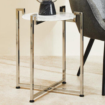 White Marble Top Side Table with Angular Chrome Metal Frame, Cibal