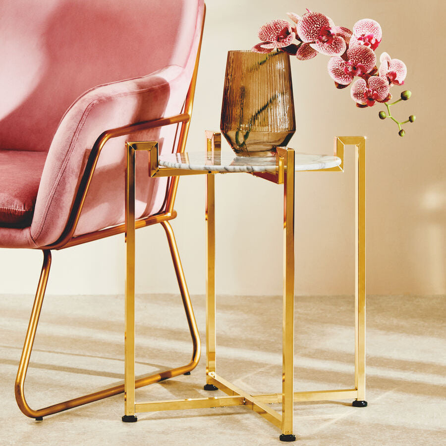 White Marble Top Side Table with Angular Gold Finish Metal Frame | Cibal