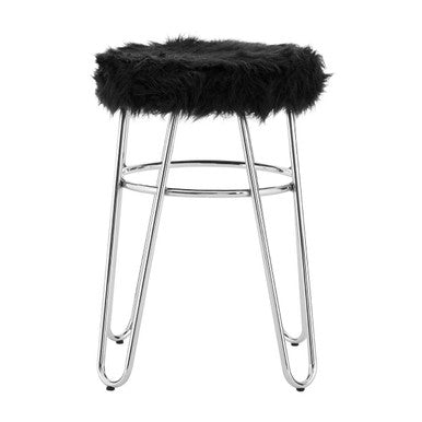 District Black Faux Fur Stool with Silver Metal Base