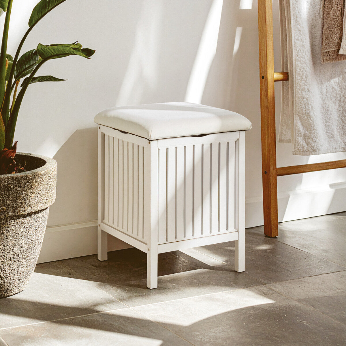 Salon White Bathroom Storage Stool with padded seat
