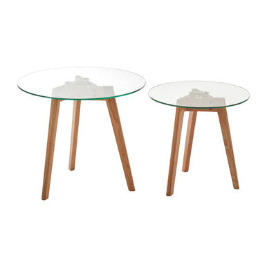 Nostra Set Of Two Glass Top Oak Wood Side Tables