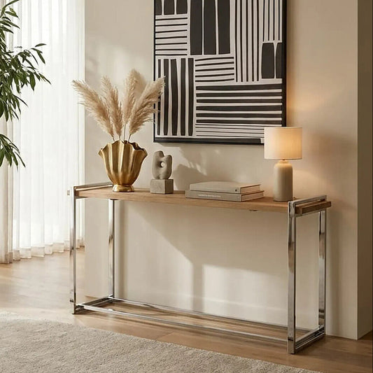Natural Elm Wood Console Table with Metal Frame, Menteng