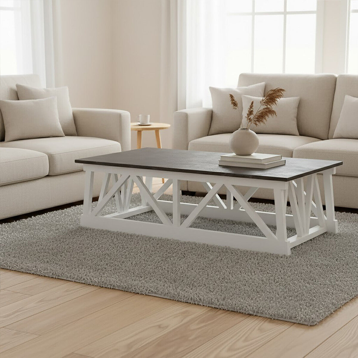 Stone Top Rectangular Coffee Table with White Alder Wood Base | Monas