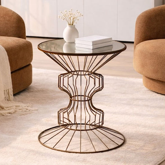Mirrored Glass Top Side Table with Black Finish Concertina Wireframe Metal Base, Yaxi
