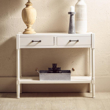 White Wooden Console Table with 2 Storage Drawers and Lower Open Shelf, Heritage
