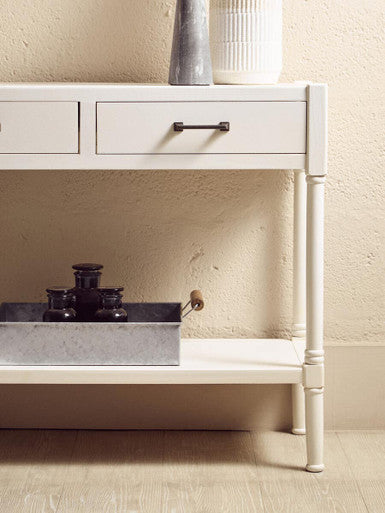 White Wooden Console Table with 2 Storage Drawers and Lower Open Shelf | Heritage