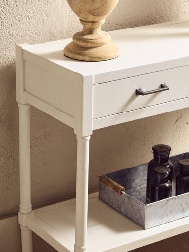 White Wooden Console Table with 2 Storage Drawers and Lower Open Shelf | Heritage