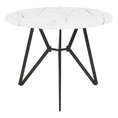 White Round Marble Effect Top and Grey Meta Frame Dining Table with Grey 6 Chairs Set, Weston