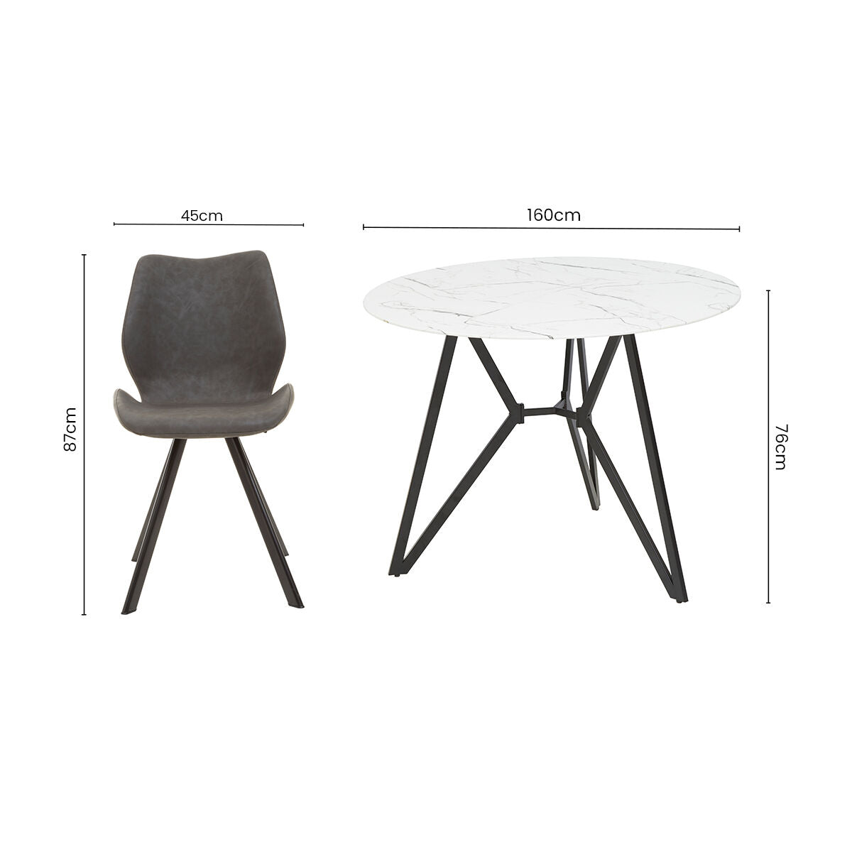 White Round Marble Effect Top and Grey Meta Frame Dining Table with Grey 6 Chairs Set, Weston