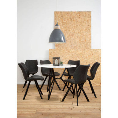 White Round Marble Effect Top and Grey Meta Frame Dining Table with Grey 6 Chairs Set, Weston