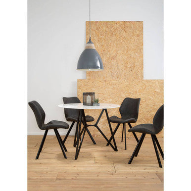 White Round Marble Effect Top and Grey Meta Frame Dining Table with Grey 6 Chairs Set, Weston