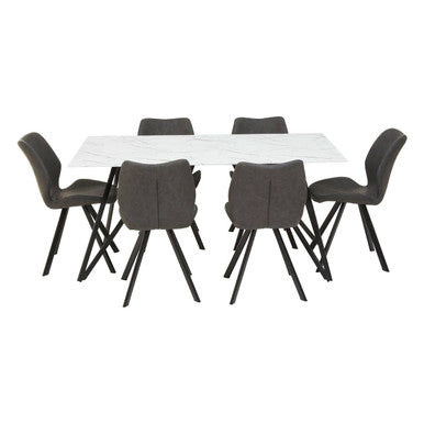 White Marble Effect Top and Metal Legs Dining Table with Faux Leather 6 Grey Chairs Set | Weston