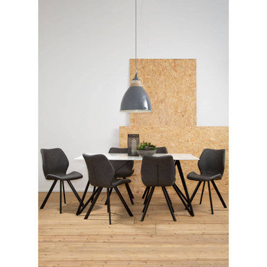 White Marble Effect Top and Metal Legs Dining Table with Faux Leather 6 Grey Chairs Set, Weston