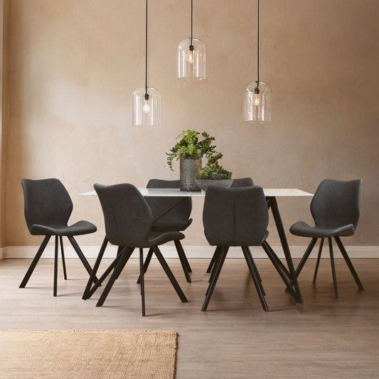 White Marble Effect Top and Metal Legs Dining Table with Faux Leather 6 Grey Chairs Set | Weston