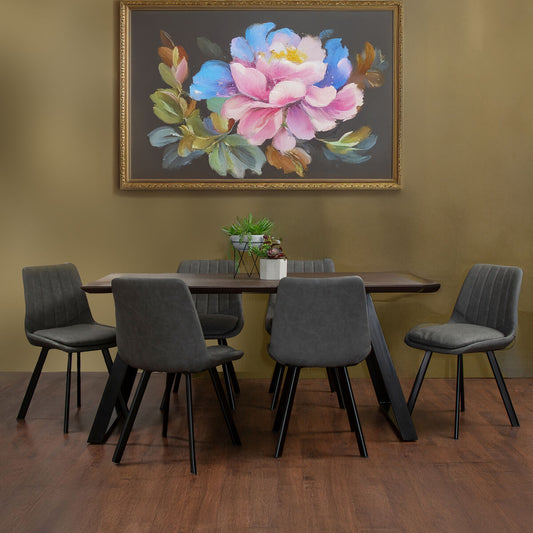 Brown Wooden Top and Metal Legs Dining Table with 6 Grey Chairs Set, Westford