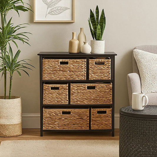 Padstow Black Storage Unit with 6 Water Hyacinth Drawers