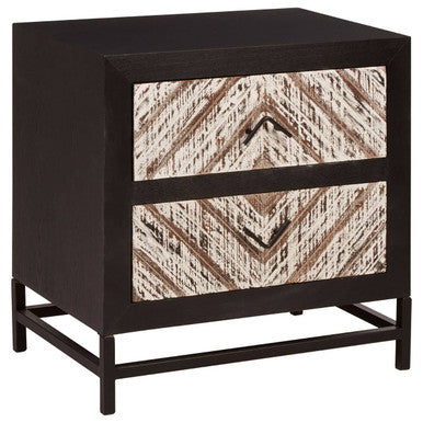 Black Wooden 2-Drawer Bedside Table with Chevron Pattern Drawer Fronts and Metal Handles | Lombok
