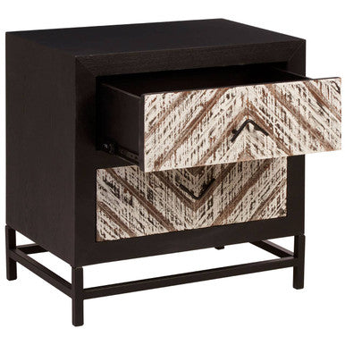 Black Wooden 2-Drawer Bedside Table with Chevron Pattern Drawer Fronts and Metal Handles | Lombok