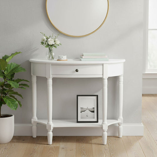 Half Moon White Wooden Console Table with One Drawer and Lower Shelf, Heritage