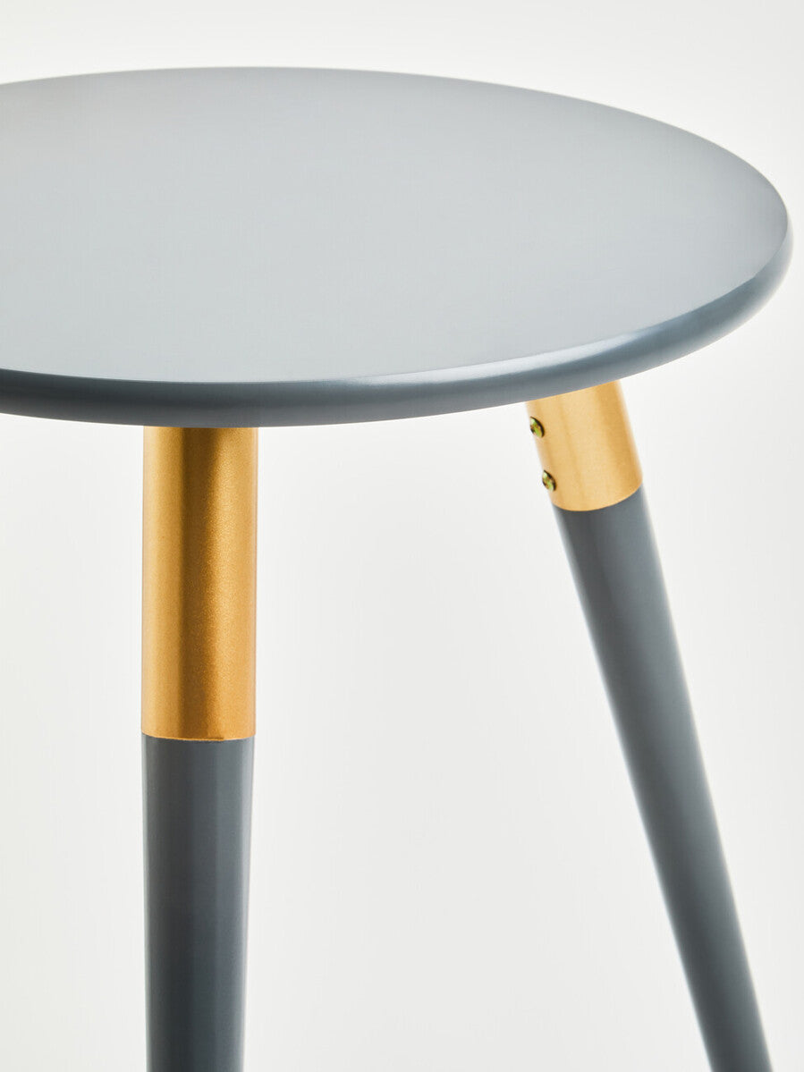 Dark Grey Round Top Wooden Side Table with Natural Wood Legs and Gold Trim | Nostra
