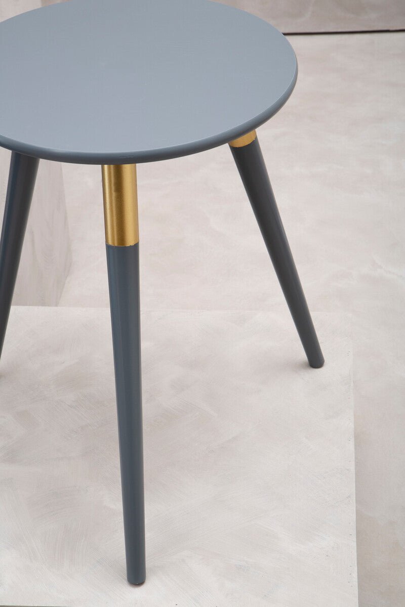 Dark Grey Round Top Wooden Side Table with Natural Wood Legs and Gold Trim | Nostra